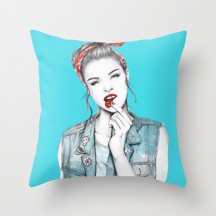 Red lips girl vintage style drawing Throw Pillow