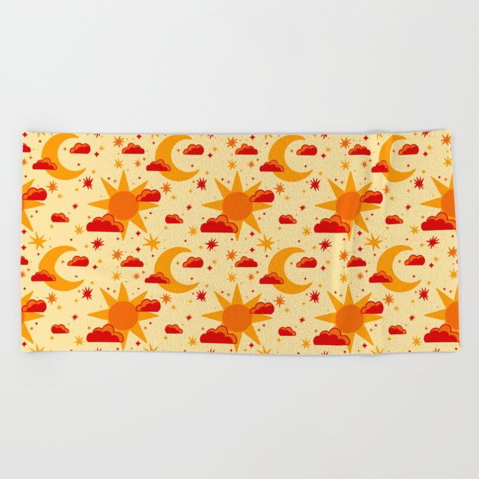 Cream Sun & Stars Pattern Beach Towel