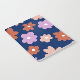 Retro Flowers Lilac, Burnt Orange, Light Pink with Dark Blue Background Notebook