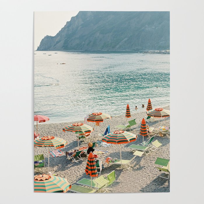 Monterosso al Mare, Cinque Terre | Beach with umbrellas | Travel Photography Print Poster
