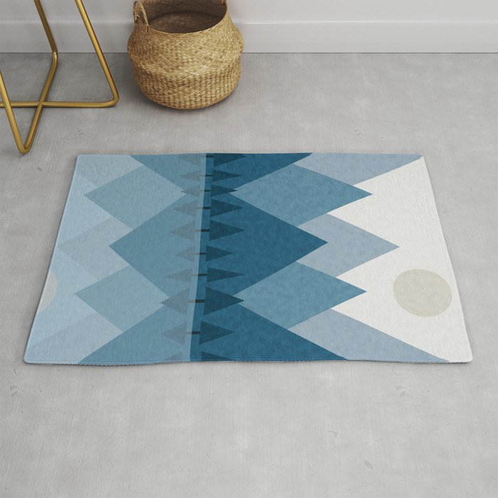 Calming Abstract Geometric Mountains Blue Rug
