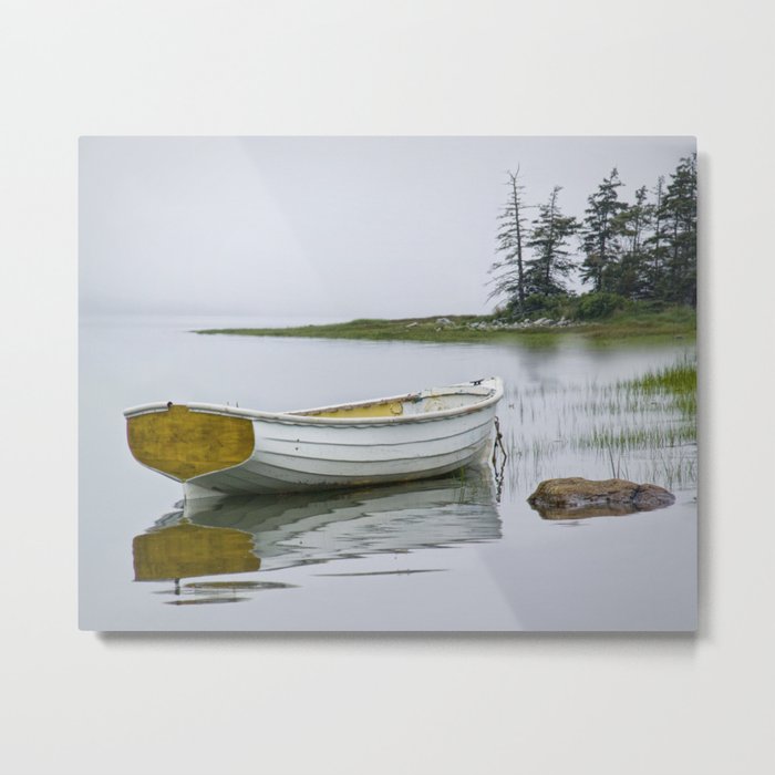 White Maine Boat on a Foggy Morning Metal Print