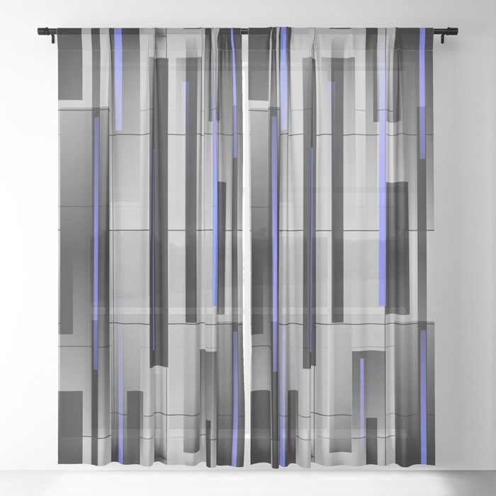 Off the Grid Blue - Abstract - Gray, Black, Blue Sheer Curtain