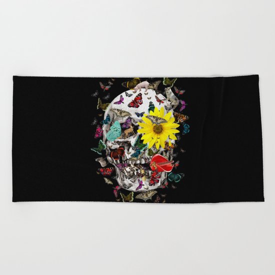 Skull Flowers Animals on Black | Butterflies Beach Towel