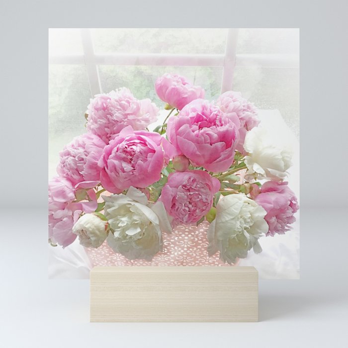 Shabby Chic Garden Pink White Peonies In Window Cottage Flower Wall Art Print, Home Decor, Gift Decor Mini Art Print