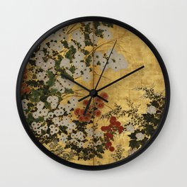 White Red Chrysanthemums Floral Japanese Gold Screen Wall Clock | Red, Illustration, Traditional, Art, Vintage, Flowers, Edo, White, Realism, Outdoor 