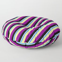 [ Thumbnail: Vibrant Blue, Tan, Purple, Black, and White Colored Pattern of Stripes Floor Pillow ]