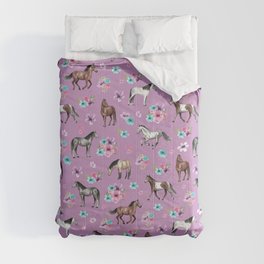 Purple Horse and Flower Print, Hand Drawn, Horse Illustration, Little Girls Decor Comforter