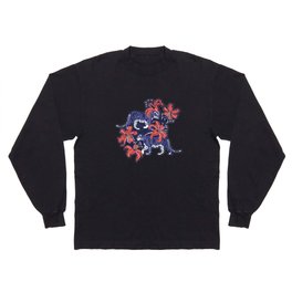 Tigers in a tiger lily garden // textured navy blue background very peri wild animals coral flowers Long Sleeve T-shirt