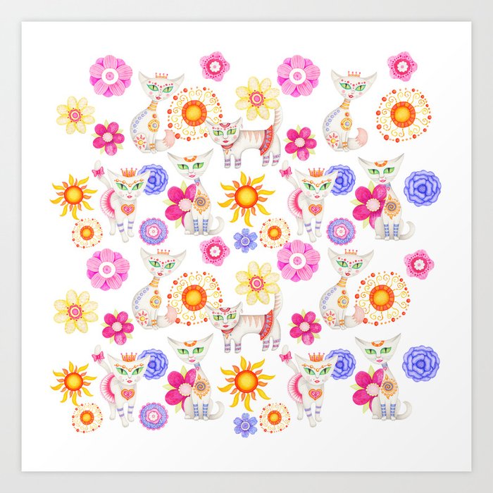 Seamless hand illustrated pattern with cute cartoon cats and flowers. Art Print