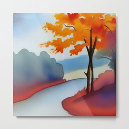 Silky autumn landscape watercolor Metal Print | Cheerful, Foggy, Autumn, Outdoors, Stylizedpainting, Painting, Imaginary, Fallseason, Colorcontrast, Abstractart 