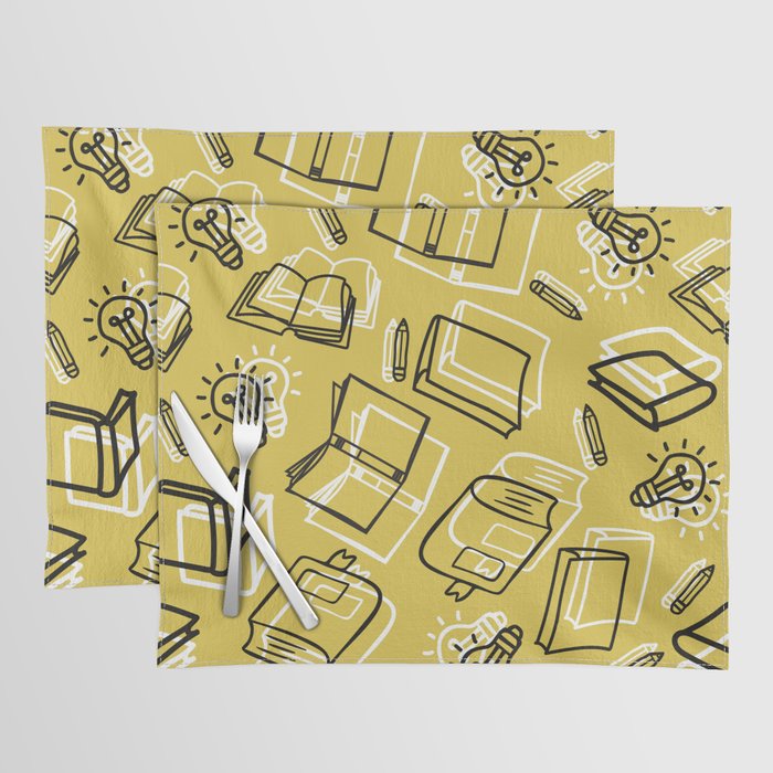 Hand Drawn Outline Books with Education Items Seamless Pattern Placemat