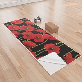 Poppies Flowers black background pattern graphic Yoga Towel
