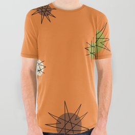 Atomic Age Starburst Planets Orange Brown Green All Over Graphic Tee