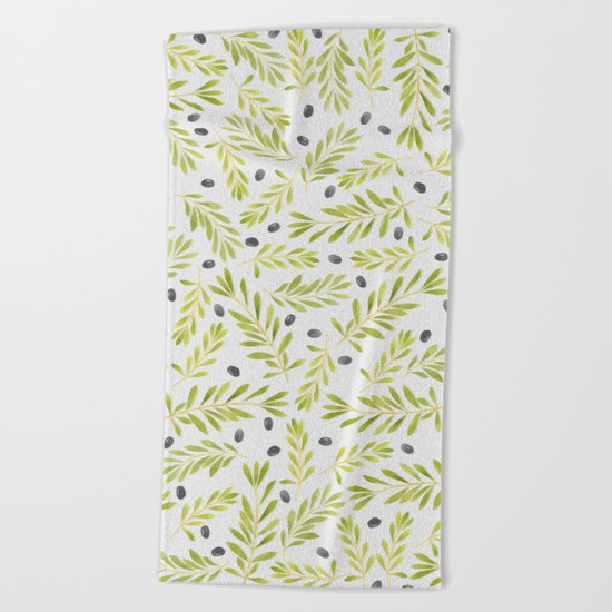 Watercolor Olive Branches Pattern Beach Towel