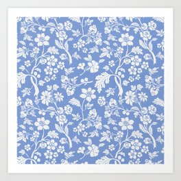 Vintage Style Chintz Florals On Blue Art Print