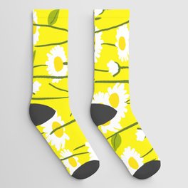Retro Modern Daisy Flowers On Yellow Socks