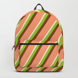 [ Thumbnail: Light Yellow, Green, Brown & Light Salmon Colored Lined/Striped Pattern Backpack ]