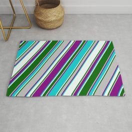 [ Thumbnail: Colorful Grey, Purple, Dark Turquoise, Mint Cream & Dark Green Colored Pattern of Stripes Rug ]