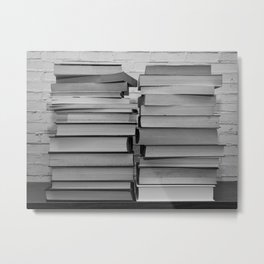 Black and white image of some books stacked on a shelf Metal Print | Concept, Box, Stack, Library, Paper, Design, Crate, Brick, Retro, Stacked 