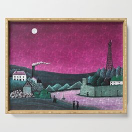Moon on the River Seine, Paris, France pink reflection landscape painting by Henri Rousseau; La Seine à Suresnes Serving Tray