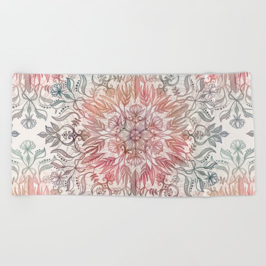Autumn Spice Mandala in Coral, Cream and Rose Beach Towel