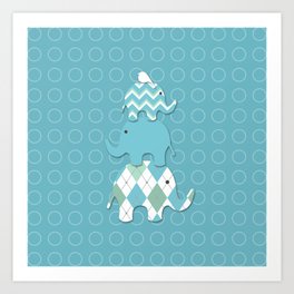 Stacked Aqua Elephants Art Print