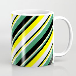 [ Thumbnail: Sea Green, Black, Yellow, and Lavender Colored Stripes Pattern Coffee Mug ]