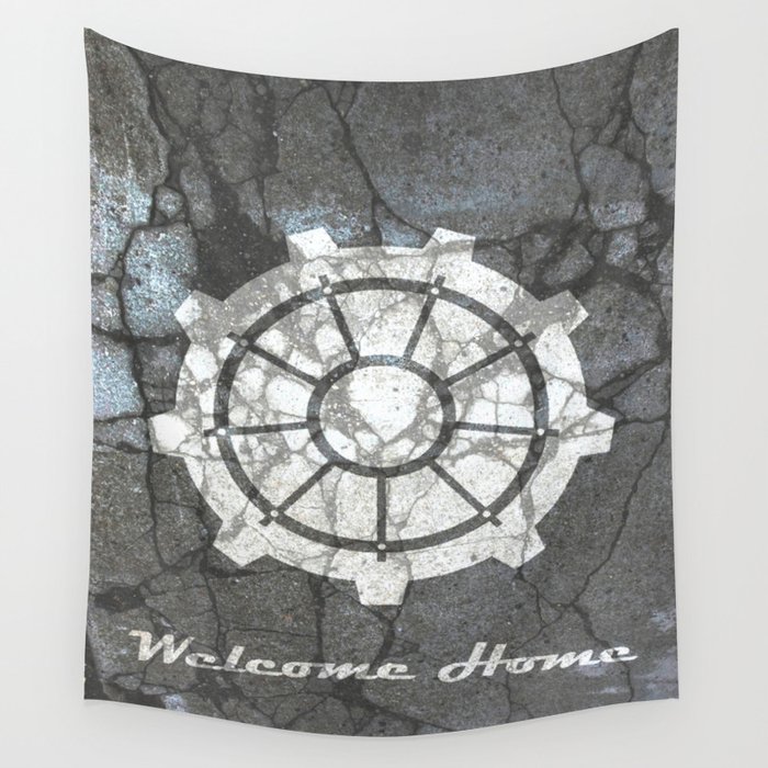 Fallout inspired welcome home, vault door, print, poster, wall art, neutral Wall Tapestry