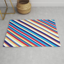 [ Thumbnail: Eyecatching Midnight Blue, Deep Sky Blue, Crimson, Tan, and White Colored Lined Pattern Rug ]