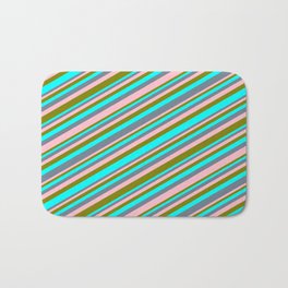 [ Thumbnail: Cyan, Slate Gray, Pink & Green Colored Lines Pattern Bath Mat ]