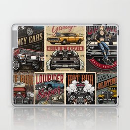 Custom cars vintage colorful posters with lowrider muscle and hot rod cars turbo engine classic retro automobile pretty tattooed woman holding spanner vintage illustration Laptop Skin