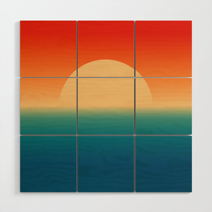 Sunset and Sea, Minimalist Retro Gradient 70s Sun Wood Wall Art