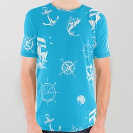  Turquoise And White Silhouettes Of Vintage Nautical Pattern All Over Graphic Tee