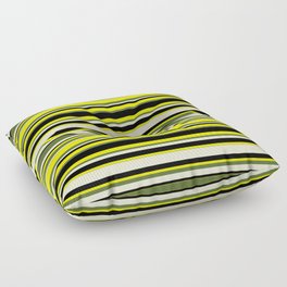 [ Thumbnail: Yellow, Dark Olive Green, Light Yellow, and Black Colored Lines Pattern Floor Pillow ]