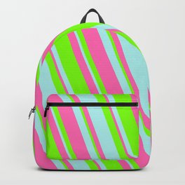 [ Thumbnail: Green, Turquoise & Hot Pink Colored Lines Pattern Backpack ]