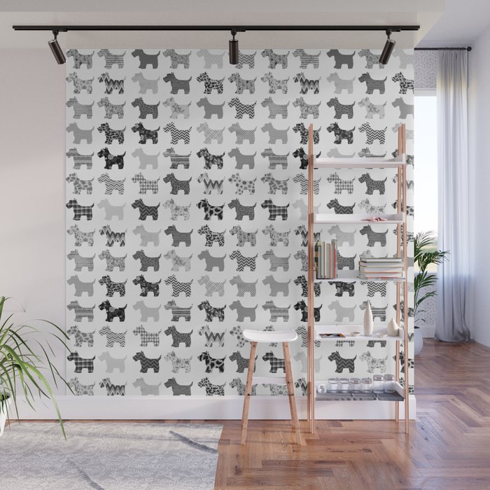 Abstract black white floral geometrical cute dog pattern Wall Mural