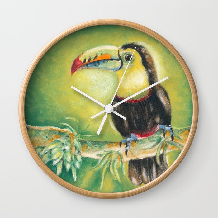 Toucan Bird Exotic Tropical Green Jungle Watercolor  Wall Clock