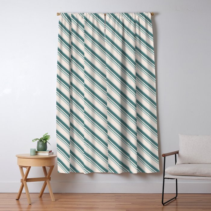 Diagonal Stripes In Teal On Cream Blackout Curtain By
