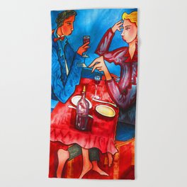 Two friends drinking wine and having dinner Beach Towel