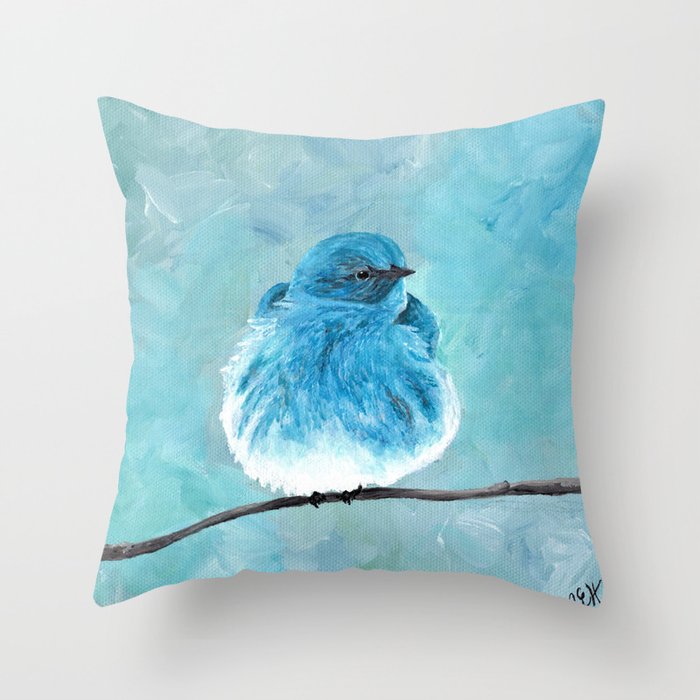 Mountain Bluebird Acrylic Art Blue Bird Painting Bird on a Branch Wall Art Fluffy Bird Throw Pillow