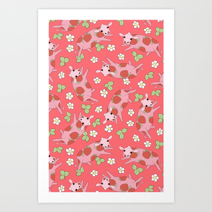 Strawberry milk cow fun sweet pattern art Art Print