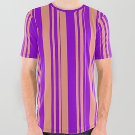 [ Thumbnail: Dark Salmon and Dark Violet Colored Lined/Striped Pattern All Over Graphic Tee ]