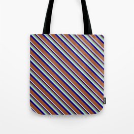 [ Thumbnail: Aquamarine, Light Gray, Blue, and Sienna Colored Striped/Lined Pattern Tote Bag ]