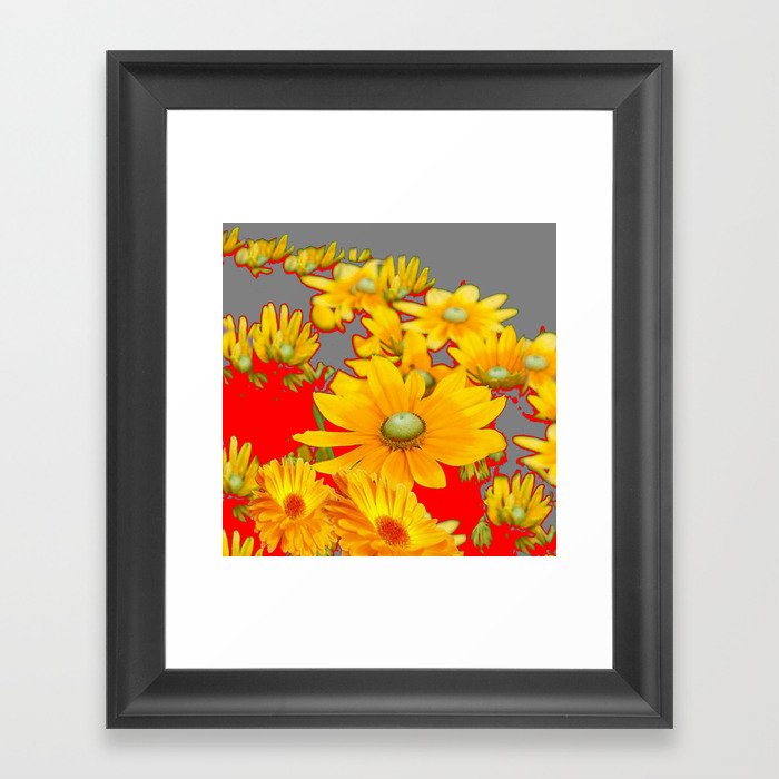 MODERN YELLOW FLOWERS GREY-RED ART Framed Art Print