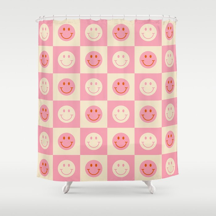 70s Retro Smiley Face Tile Pattern in Pink & Beige Shower Curtain