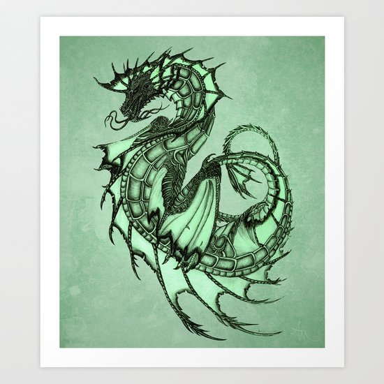 "Tsunami" by Amber Marine ~ Sea Dragon (Jade Version) ~ Graphite & Charcoal Illustration, (c) 2005 Art Print