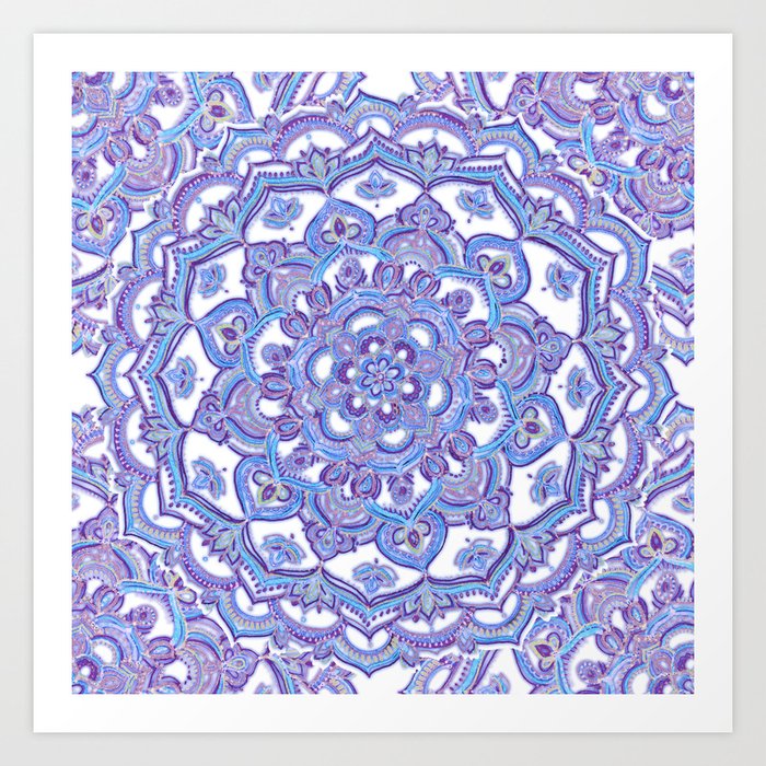 Lilac Spring Mandala - floral doodle pattern in purple & white Art Print