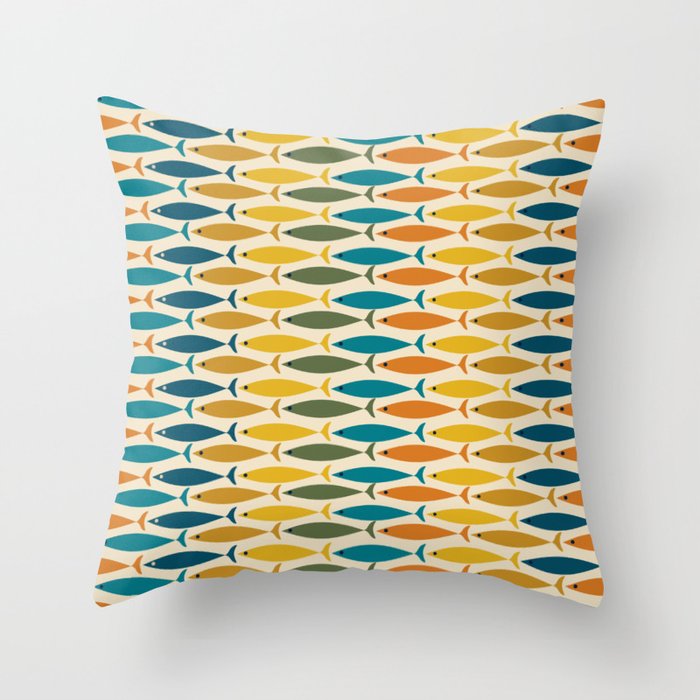 Mid-Century Modern Fish Stripes in Moroccan Teal, Green, Orange, Mustard, and Cream Throw Pillow