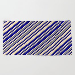 [ Thumbnail: Dark Blue, Tan, and Grey Colored Striped Pattern Beach Towel ]